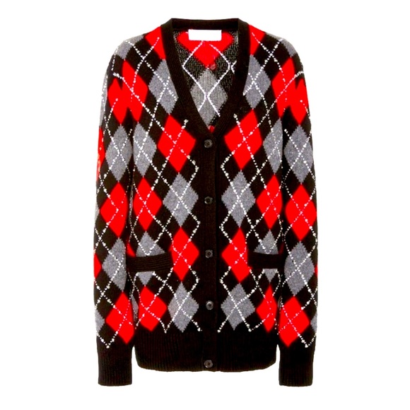 MICHAEL KORS $1570 Black Argyle 100% Cashmere Crystal Studded Cardigan Sweater - Picture 1 of 6